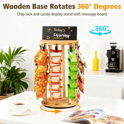 Petyoung Chip Rack Display Stand, 5 Tiers 40 Clips Chip Display Rack for Countertop, 360° Rotating Wooden Base Chip Holder Candy Display with Message Board, for Concession Stand, Countertop, Party in Saudi Arabia