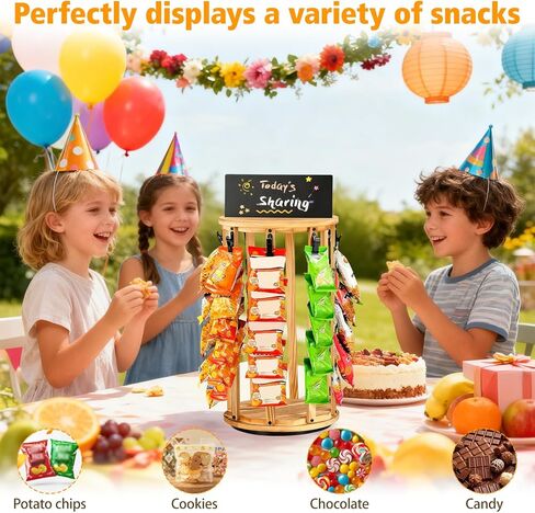 Petyoung Chip Rack Display Stand, 5 Tiers 40 Clips Chip Display Rack for Countertop, 360° Rotating Wooden Base Chip Holder Candy Display with Message Board, for Concession Stand, Countertop, Party in Saudi Arabia