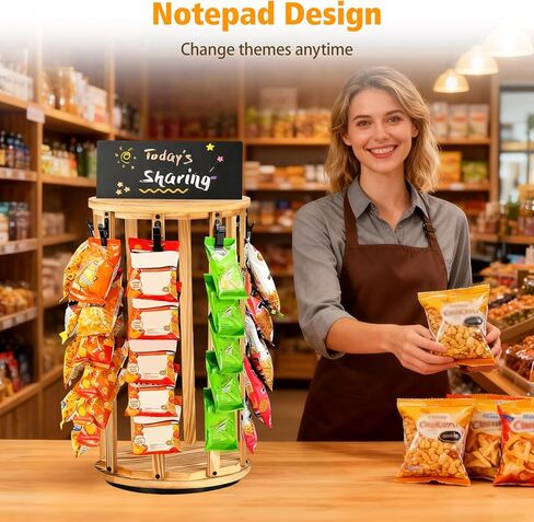 Petyoung Chip Rack Display Stand, 5 Tiers 40 Clips Chip Display Rack for Countertop, 360° Rotating Wooden Base Chip Holder Candy Display with Message Board, for Concession Stand, Countertop, Party in Saudi Arabia