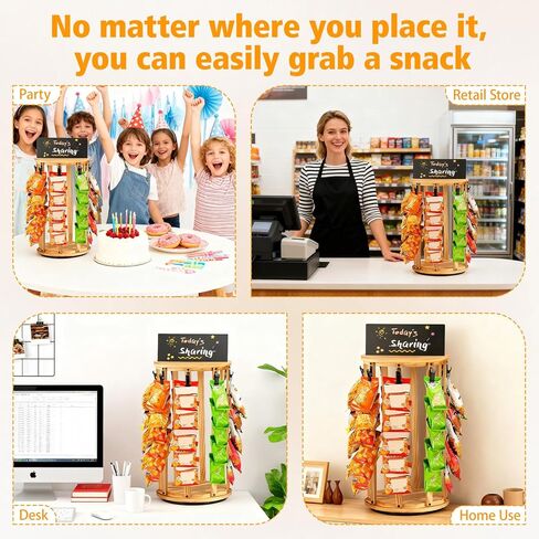 Petyoung Chip Rack Display Stand, 5 Tiers 40 Clips Chip Display Rack for Countertop, 360° Rotating Wooden Base Chip Holder Candy Display with Message Board, for Concession Stand, Countertop, Party in Saudi Arabia