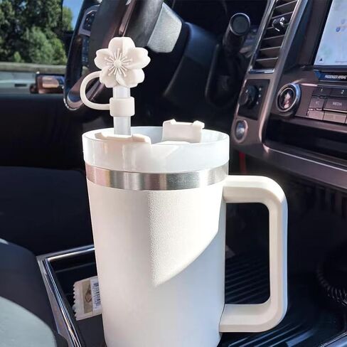 Cherry Blossom Silicone Straw Toppers for Stanley Cup, Beige Floral Tumbler Lid Accessories, 3 Pack Dust Cover Set, 10mm Compatible in Saudi Arabia