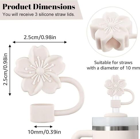 Cherry Blossom Silicone Straw Toppers for Stanley Cup, Beige Floral Tumbler Lid Accessories, 3 Pack Dust Cover Set, 10mm Compatible in Saudi Arabia