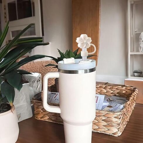Cherry Blossom Silicone Straw Toppers for Stanley Cup, Beige Floral Tumbler Lid Accessories, 3 Pack Dust Cover Set, 10mm Compatible in Saudi Arabia