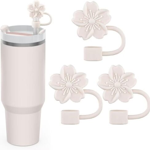 Cherry Blossom Silicone Straw Toppers for Stanley Cup, Beige Floral Tumbler Lid Accessories, 3 Pack Dust Cover Set, 10mm Compatible in Saudi Arabia