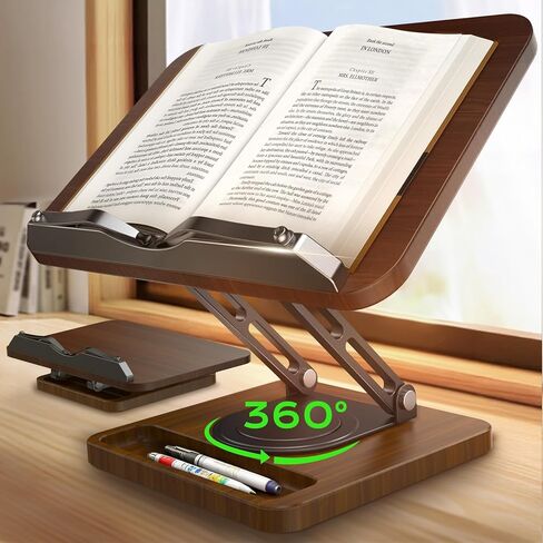 Book Stand for Reading, Adjustable Book Holder with 360°Rotating Bases, Ergonomic Cookbook Stand Recipe Book Holder with Elastic Page Clips for Magazines, Tablets, Laptops in Saudi Arabia