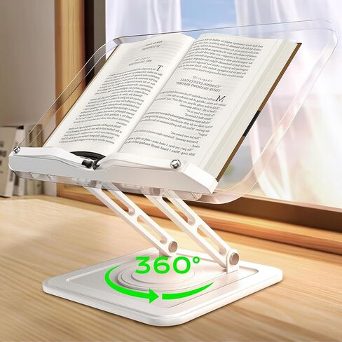Book Stand for Reading, Adjustable Book Holder with 360°Rotating Bases, Ergonomic Cookbook Stand Recipe Book Holder with Elastic Page Clips for Magazines, Tablets, Laptops in Saudi Arabia
