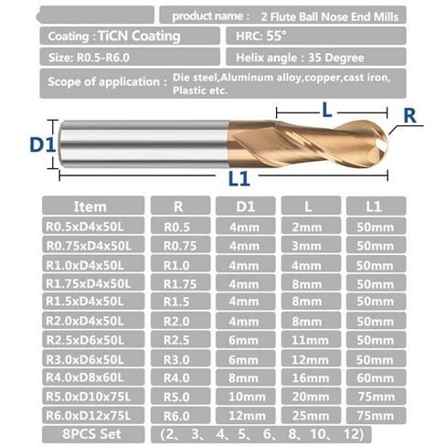 1 قطعة مطحنة نهاية الكرة الأنف 2-الفلوت CNC راوتر حفارة نحت بت R0.5-R8.0 كربيد قاطعة المطحنة TiCN المغلفة راوتر بت in Kuwait