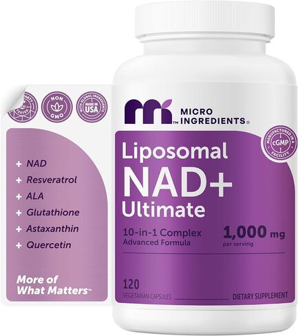 المكونات الدقيقة Liposomal NAD+ Ultimate Complex 1000 مجم | 120 كبسولة نباتية | ملحق NMN البديل | 10 في 1 مع ريسفيراترول، الجلوتاثيون، وأستازانتين | ملحق NAD للنساء والرجال in Kuwait