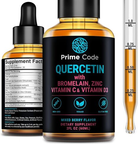 Prime Code Quercetin Liquid with Bromelain, Zinc, Vitamin C & D3 – Mixed Berry Flavor – Vegan, Non-GMO, Gluten Free Antioxidant & Immune Support Supplement – High Absorption 2 fl oz (60mL) in Saudi Arabia
