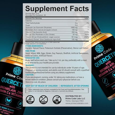 Prime Code Quercetin Liquid with Bromelain, Zinc, Vitamin C & D3 – Mixed Berry Flavor – Vegan, Non-GMO, Gluten Free Antioxidant & Immune Support Supplement – High Absorption 2 fl oz (60mL) in Saudi Arabia