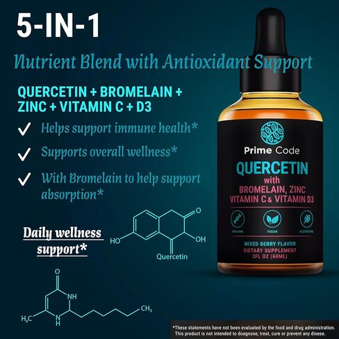 Prime Code Quercetin Liquid with Bromelain, Zinc, Vitamin C & D3 – Mixed Berry Flavor – Vegan, Non-GMO, Gluten Free Antioxidant & Immune Support Supplement – High Absorption 2 fl oz (60mL) in Saudi Arabia