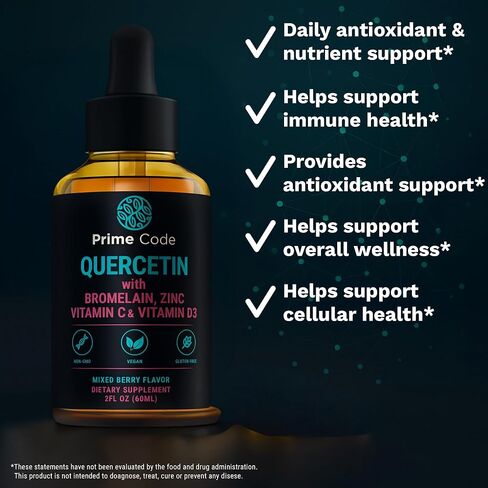 Prime Code Quercetin Liquid with Bromelain, Zinc, Vitamin C & D3 – Mixed Berry Flavor – Vegan, Non-GMO, Gluten Free Antioxidant & Immune Support Supplement – High Absorption 2 fl oz (60mL) in Saudi Arabia