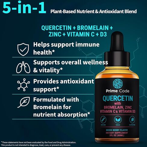 Prime Code Quercetin Liquid with Bromelain, Zinc, Vitamin C & D3 – Mixed Berry Flavor – Vegan, Non-GMO, Gluten Free Antioxidant & Immune Support Supplement – High Absorption 2 fl oz (60mL) in Saudi Arabia