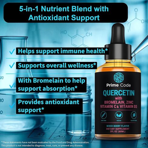 Prime Code Quercetin Liquid with Bromelain, Zinc, Vitamin C & D3 – Mixed Berry Flavor – Vegan, Non-GMO, Gluten Free Antioxidant & Immune Support Supplement – High Absorption 2 fl oz (60mL) in Saudi Arabia