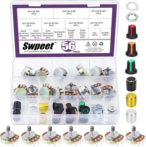 Swpeet 57Pcs Single Linear Rotary Taper Potentiometer with Plastic and Aluminum Alloy Knobs Kit, 5K 10K 50K 100K 250K 500K 1M Ohm Potentiometer Carbon file Variable Resistor for Audio Volume Control in Saudi Arabia