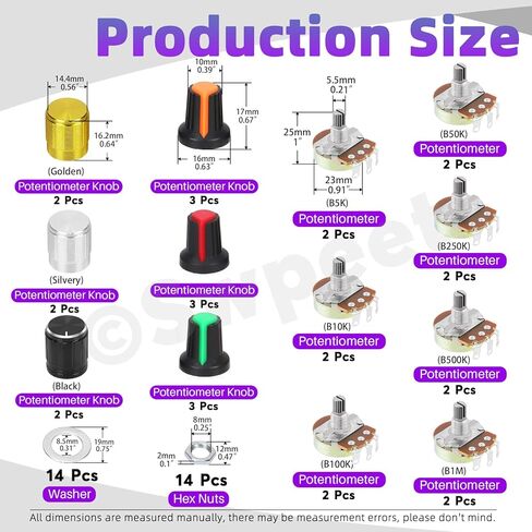 Swpeet 57Pcs Single Linear Rotary Taper Potentiometer with Plastic and Aluminum Alloy Knobs Kit, 5K 10K 50K 100K 250K 500K 1M Ohm Potentiometer Carbon file Variable Resistor for Audio Volume Control in Saudi Arabia