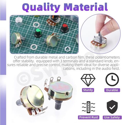 Swpeet 57Pcs Single Linear Rotary Taper Potentiometer with Plastic and Aluminum Alloy Knobs Kit, 5K 10K 50K 100K 250K 500K 1M Ohm Potentiometer Carbon file Variable Resistor for Audio Volume Control in Saudi Arabia