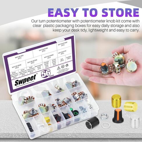 Swpeet 57Pcs Single Linear Rotary Taper Potentiometer with Plastic and Aluminum Alloy Knobs Kit, 5K 10K 50K 100K 250K 500K 1M Ohm Potentiometer Carbon file Variable Resistor for Audio Volume Control in Saudi Arabia