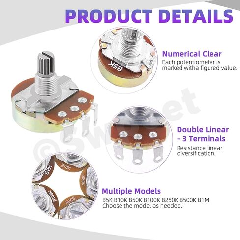 Swpeet 57Pcs Single Linear Rotary Taper Potentiometer with Plastic and Aluminum Alloy Knobs Kit, 5K 10K 50K 100K 250K 500K 1M Ohm Potentiometer Carbon file Variable Resistor for Audio Volume Control in Saudi Arabia