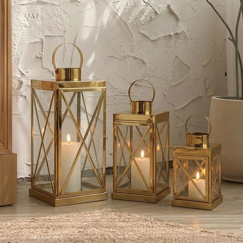 TRIROCKS مجموعة فانوس من الفولاذ المقاوم للصدأ باللون الذهبي مكونة من 3 مربعات أنيقة مقاس 8/12/16 بوصة حامل فوانيس شموع معدنية فخمة مع زجاج مقسى للمنزل والحديقة والديكور الداخلي والخارجي احتفالي كل يوم in Kuwait