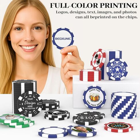 25-500 Personalized Clay Poker Chips – 1.57in / 11.5g Custom Logo, Photo, or Design – Good for Drink Tokens Parties, Businesses, or Corporate Events in Saudi Arabia