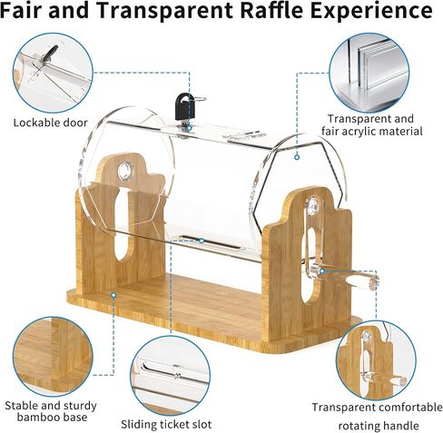 طبلة سحب من الأكريليك الشفاف من Orionstar مع قاعدة من الخيزران الموزون - قرص تذاكر احترافي لجمع التبرعات - صندوق يانصيب شفاف يتضمن قفل وسعة 2000 - يتميز بأقدام مطاطية ومفاتيح in Kuwait