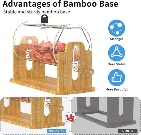 طبلة سحب من الأكريليك الشفاف من Orionstar مع قاعدة من الخيزران الموزون - قرص تذاكر احترافي لجمع التبرعات - صندوق يانصيب شفاف يتضمن قفل وسعة 2000 - يتميز بأقدام مطاطية ومفاتيح in Kuwait