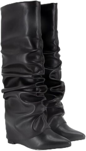 حذاء نسائي مترهل قابل للطي فوق الركبة وطويل من سمك القرش بمقدمة مدببة وسحاب جانبي فستان طويل للنساء من Ladie Girl in Kuwait