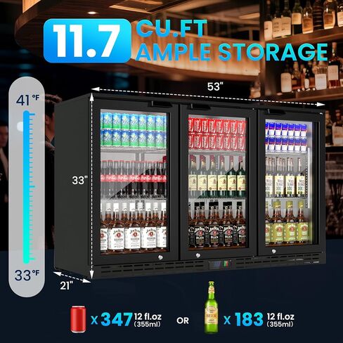 Coolake 53 "مبرد بار خلفي مع 3 أبواب زجاجية، 11.7 قدم مكعب ثلاجة مشروبات تجارية تحت ارتفاع العداد، ثلاجة بيرة من الفولاذ المقاوم للصدأ مع إضاءة LED لمشروبات الصودا والبيرة والنبيذ in Kuwait