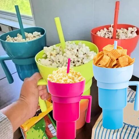 Stadium Tumbler with Snack Bowl 2 In 1 Beverage Cup Top Snack Bowl for Movie Leakproof Snack Tumbler with Straw Portable Reusable Snack and Drink Cup for Home Travel () in Kuwait