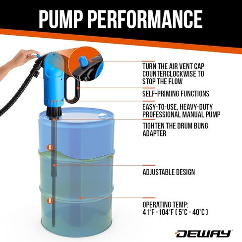 مضخة طبلة رافعة يدوية من Deway مع أنبوب شفط قابل للتعديل وخرطوم 78 بوصة - مضخة نقل يدوية للديزل والكيروسين ومواد التشحيم ومضادات التجمد ومادة DEF والمواد الكيميائية الزراعية والمياه غير الصالحة للشرب in Kuwait