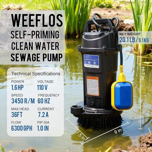مضخة مستنقع غاطسة Weeflos 1.6HP، تشغيل/إيقاف تلقائي، تدفق عالٍ 6300 GPH، رأس أقصى 36 قدمًا، لإزالة المياه القذرة، الطابق السفلي المغمور، غطاء حمام السباحة، أحواض المياه الساخنة، ألومنيوم خفيف الوزن (1.6HP/36FT) in Kuwait