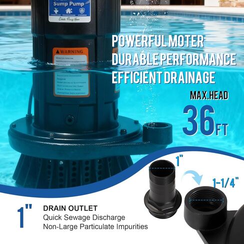مضخة مستنقع غاطسة Weeflos 1.6HP، تشغيل/إيقاف تلقائي، تدفق عالٍ 6300 GPH، رأس أقصى 36 قدمًا، لإزالة المياه القذرة، الطابق السفلي المغمور، غطاء حمام السباحة، أحواض المياه الساخنة، ألومنيوم خفيف الوزن (1.6HP/36FT) in Kuwait
