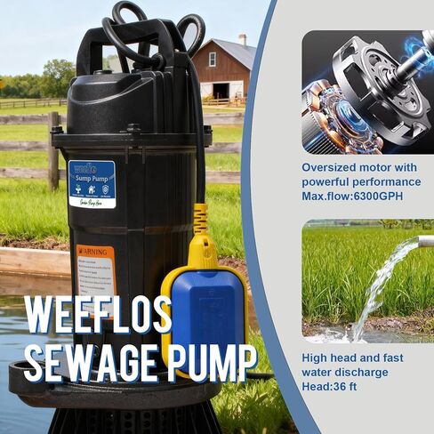 مضخة مستنقع غاطسة Weeflos 1.6HP، تشغيل/إيقاف تلقائي، تدفق عالٍ 6300 GPH، رأس أقصى 36 قدمًا، لإزالة المياه القذرة، الطابق السفلي المغمور، غطاء حمام السباحة، أحواض المياه الساخنة، ألومنيوم خفيف الوزن (1.6HP/36FT) in Kuwait