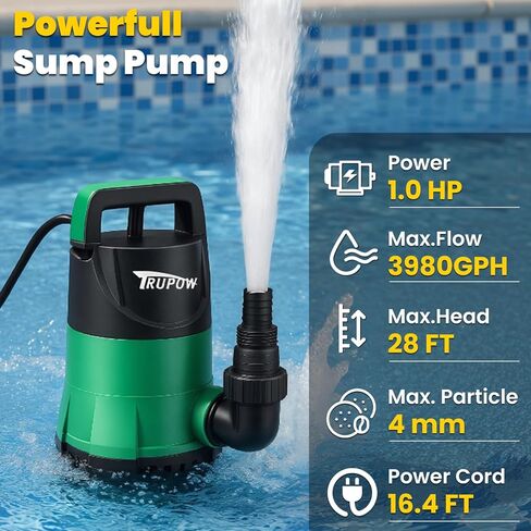 TRUPOW Sump Pump 1 HP Submersible Water Pump With 25ft. Hose Kit 3980 GPH Thermoplastic Portable Electric Utility Pump for Swimming Pool Garden Basement Tub Pond Draining in Kuwait