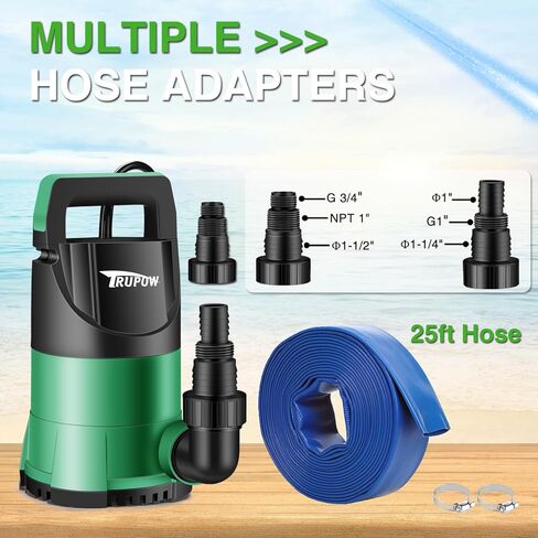 TRUPOW Sump Pump 1 HP Submersible Water Pump With 25ft. Hose Kit 3980 GPH Thermoplastic Portable Electric Utility Pump for Swimming Pool Garden Basement Tub Pond Draining in Kuwait