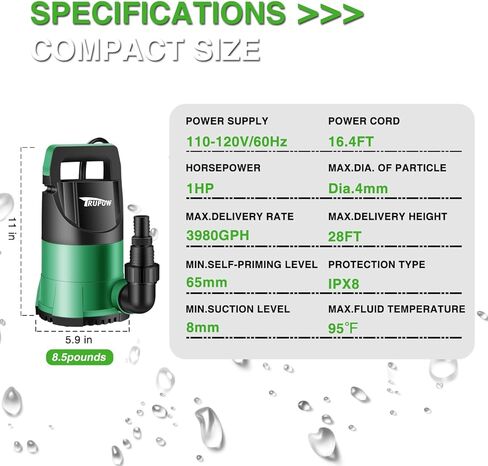 TRUPOW Sump Pump 1 HP Submersible Water Pump With 25ft. Hose Kit 3980 GPH Thermoplastic Portable Electric Utility Pump for Swimming Pool Garden Basement Tub Pond Draining in Kuwait