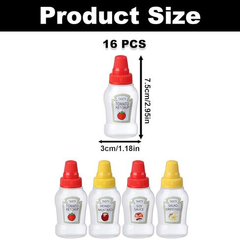16PCS Mini Condiment Squeeze Bottles Set, 25ml Ketchup Honey Mustard Sauce Bottles, Containers Refillable for Sauce, Plastic Portable Dressing Bottles, Squirt Condiments Dispensers for Lunch Box in Saudi Arabia
