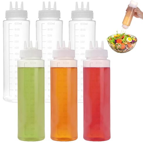6 PCS 3 Holes Sauce Bottle Squeeze, 24 oz Squeezing Bottle with Scale, Condiment Squeeze Bottles with Tri-Cone Nozzle, Plastic Squirt Bottles for Syrup, Ketchup, Dressing, Honey in Kuwait