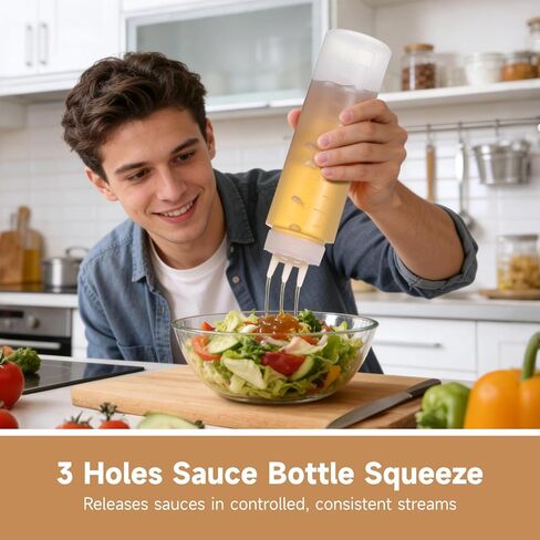 6 PCS 3 Holes Sauce Bottle Squeeze, 24 oz Squeezing Bottle with Scale, Condiment Squeeze Bottles with Tri-Cone Nozzle, Plastic Squirt Bottles for Syrup, Ketchup, Dressing, Honey in Kuwait