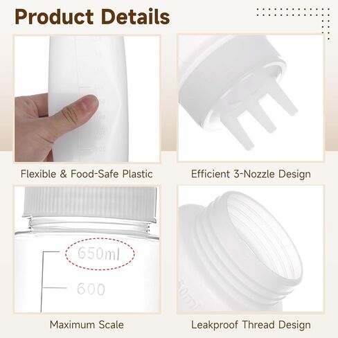 6 PCS 3 Holes Sauce Bottle Squeeze, 24 oz Squeezing Bottle with Scale, Condiment Squeeze Bottles with Tri-Cone Nozzle, Plastic Squirt Bottles for Syrup, Ketchup, Dressing, Honey in Kuwait