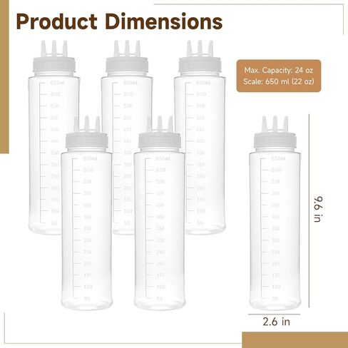 6 PCS 3 Holes Sauce Bottle Squeeze, 24 oz Squeezing Bottle with Scale, Condiment Squeeze Bottles with Tri-Cone Nozzle, Plastic Squirt Bottles for Syrup, Ketchup, Dressing, Honey in Kuwait