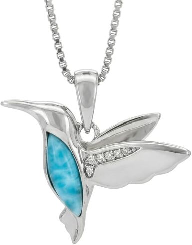 Sterling Silver Natural Larimar CZ Hummingbird Necklace Pendant with 18" Box Chain in Kuwait