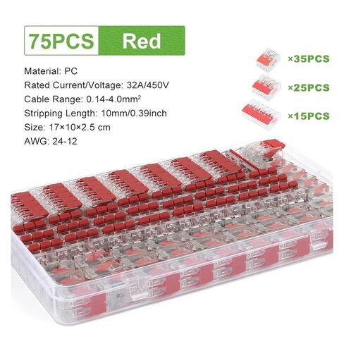 Universal Compact Wiring Splicing Conector Quick Wiring Terminal Block Set 25/75/76/90PCS Red Lever Compact Copper Conductor Push-in Electric Cable Wire Connector Kit(Red 75PCS) in Saudi Arabia