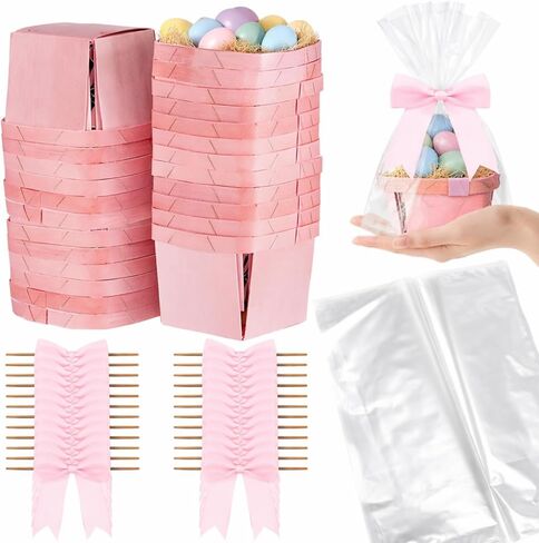 Kigley 24 Set Mini Basket for Gift فارغة متينة صغيرة إلى سلال هدايا هدايا خشبية مع 24 حقيبة 24 Bow Candy حفل زفاف لصالح عيد ميلاد (وردي ، 4.02 × 2.56 × 2.95 بوصة) in Kuwait