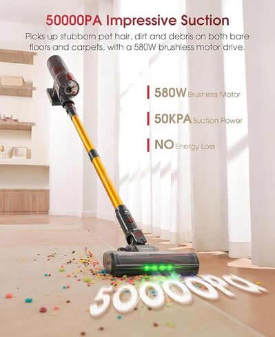 مكنسة كهربائية لاسلكية من UNINELL HOME بقدرة 50000 باسكال 580 وات 70 دقيقة للمنزل، مكنسة كهربائية مضادة للتشابك قائمة بذاتها، مكنسة كهربائية محمولة قابلة لإعادة الشحن لشعر الحيوانات الأليفة/السجاد/الأرضية، شاشة LED in Kuwait