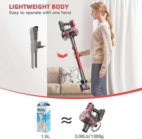 Cordless Vacuum Cleaner,Vacuum Cleaners for Home with Super Suction,Lightweight Stick Vacuum with 35 Mins Runtime,Rechargeable Cordless Vacuum for Carpet, Tile, Pet Hair, Hardwood Floors(Red Grey) in Saudi Arabia