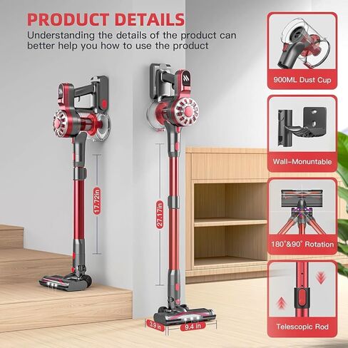 Cordless Vacuum Cleaner,Vacuum Cleaners for Home with Super Suction,Lightweight Stick Vacuum with 35 Mins Runtime,Rechargeable Cordless Vacuum for Carpet, Tile, Pet Hair, Hardwood Floors(Red Grey) in Saudi Arabia