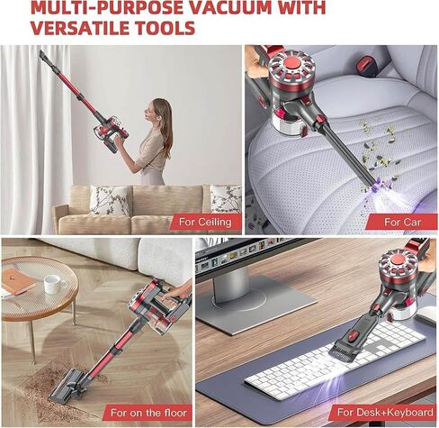 Cordless Vacuum Cleaner,Vacuum Cleaners for Home with Super Suction,Lightweight Stick Vacuum with 35 Mins Runtime,Rechargeable Cordless Vacuum for Carpet, Tile, Pet Hair, Hardwood Floors(Red Grey) in Saudi Arabia
