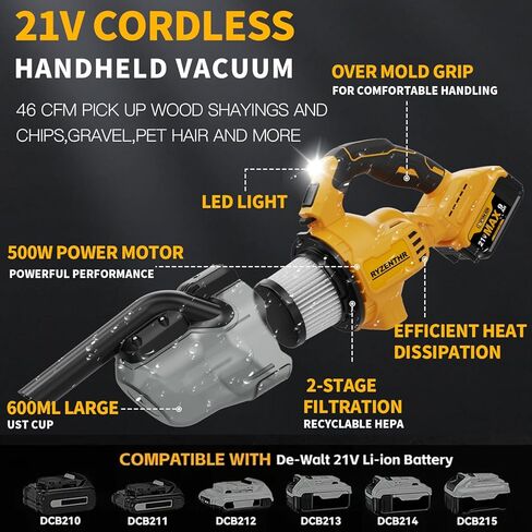 Cordless Vacuum for DE-Walt 20V Battery, 5-in-1 Handheld Electric Vacuum Cleaner with 500W Powerful Motor, 46 CFM Portable Hand Vacuum with HEPA Filter for Car, Carpets, Furniture (No Battery) in Saudi Arabia